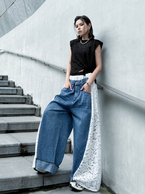 Lace Contrast Wide Denim Pants